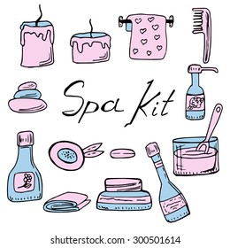doodles spa kit. hand drawn colorful illustration