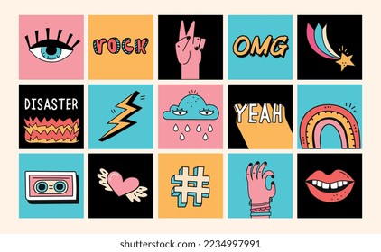 Doodles in squares set. Collection of stickers and posters in retro style. Back in 80s and 90s, hippie era. Gestures, lips and lightning. Cartoon flat vector illustrations isolated on beige background