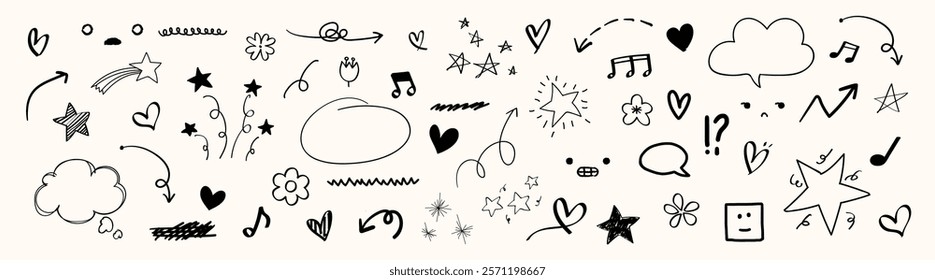 Doodles of stars, hearts, arrows, and music notes. Fun, whimsical doodles with clouds and flowers. Playful doodles in black and white, featuring various symbols. Hand drawn vector set.