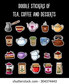 Doodles stickers of tea, coffee and desserts. 