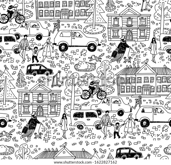 Doodles street in sity people cars houses seamless\
pattern black and\
white