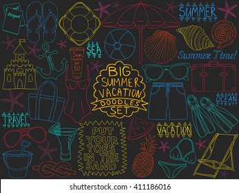 Doodles summer vacation set. Doodle set. Ocean trip doodle. Big collection of summer time sketches. Pencil effect simple travel doodles. Set of summer beach objects. Tropical resort items.