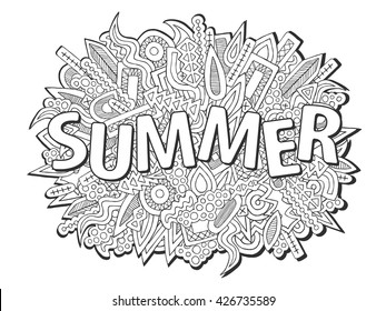 Doodles summer vector. Summer doodles. Doodle ornament. Abstract ethnic elements. Summer travel concept. Pencil effect sketch. Zentangle objects. Vacation doodle. Graffiti style illustration.