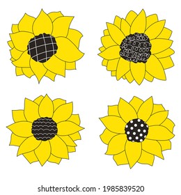 Doodles sunflowers isolated line set. Hand drawn vector illustrations. Sketch for a tattoo.