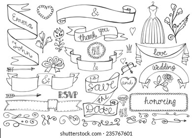 Doodles swirl border,arrow,heart,ribbon,flower,love decor elements set.For design template,invitation,save date,RSVP.Hand drawing style.Wedding,Valentine ,bridal shower Vector