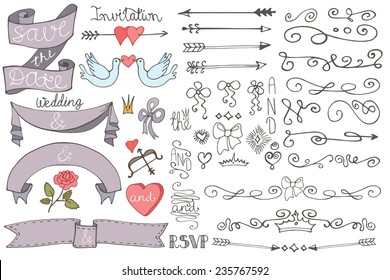 Doodles swirl border,arrow,heart,ribbon,love decor elements set.For design templates,invitations,save date,RSVP.Hand drawing style.Wedding,Valentine day,bridal shower Vector