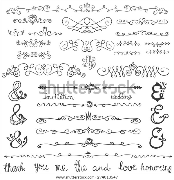 Doodles swirling border,text\
divider,arrow,catchword and ampersand,love decor elements set.Hand\
drawing weddings design templates.For Valentines\
day,holidays,birthday,Easter,menu.Vintage\
Vector