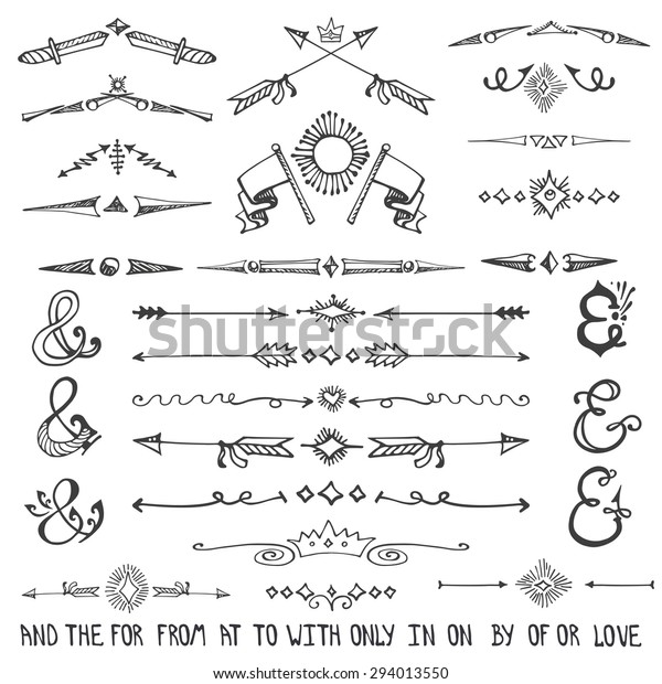 Doodles swirling border,text\
divider,arrow,catchword and ampersand,male decorative  elements\
set.Hand drawing weddings design templates.For Valentines\
day,holidays,birthday,Easter,menu.Vintage\
Vector