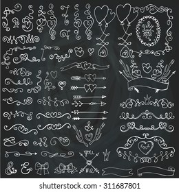 Doodles swirling heart decor.Borders,arrow,frames,brushes,ribbons,love element set.For wedding,holiday design template,invitation.Hand drawing style.For Valentine day,Easter,Vintage Vector.Chalkboard