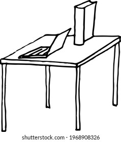 doodles table  office work from home graphic illustration hand drawn sketch work place interior separately on white background