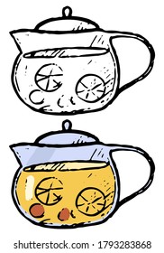Doodles of teapot with tea or lemonade. Realistic sketch of cozy element. Hand drawn vector illustration. Black contour and color single drawing isolated on white. For design, decor, prints, stickers.