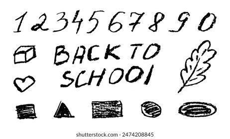 Doodles with the texture of charcoal pencil. Set elements imitating child drawing. Numbers back to school geometric shapes. Doodles abstract shapes. Vector illustration.