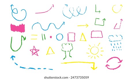 Doodles with the texture of wax chalk. Set elements imitating child drawing. Arrow Square Triangle tree sun. Doodles abstract shapes. Vector illustration.