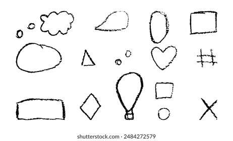 Garabatos con la textura de tiza de cera. Establecer Elementos que imiten dibujos secundarios. Diamante de corazón nublado. Doodles Formas abstractas. Ilustración vectorial.