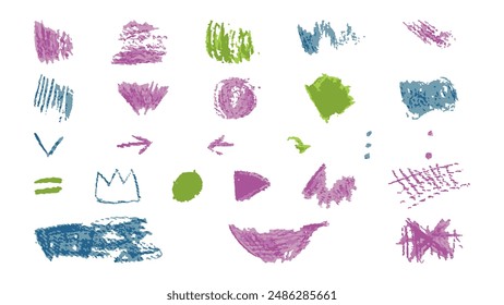 Doodles with the texture of wax chalk. Set  elements imitating  child drawing. Doodles abstract shapes. Vector illustration.