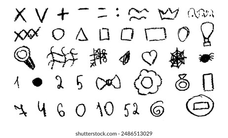 Doodles with the texture of wax chalk. Set  elements imitating  child drawing. Numbers triangles geometric shapes. Doodles abstract shapes. Vector illustration.