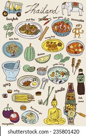 Doodles Thai food and icons set, vector 