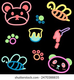Doodles en el tema de los pequeños osos lindos. En el fondo negro se destaca