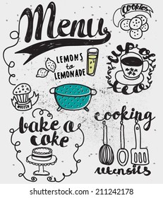 Doodles Themed Around Food and Drink - Hand drawn vignettes related to food and drink, including teacup, cookies, cake, muffin and lemonade, in a sketchy simple style