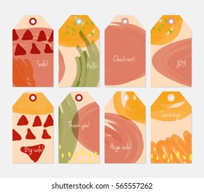 Doodles triangle dots marks orange red tag set. Creative universal gift tags. Hand drawn textures. Ethic tribal design. Ready to print sale labels Isolated on layer.