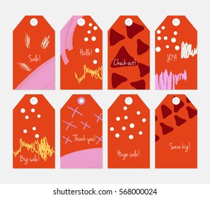 Doodles triangle dots marks orange purple red tag set.Creative universal gift tags.Hand drawn textures.Ethic tribal design.Ready to print sale labels Isolated on layer.