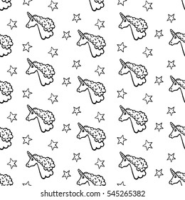 Doodles unicorn and stars. Seamless vector hand drawn pattern.