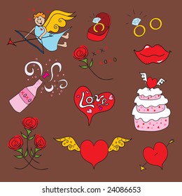 Doodles of Valentine icons on a chocolate colored background.  Includes dumb looking cupid, cake, champagne, hearts and roses