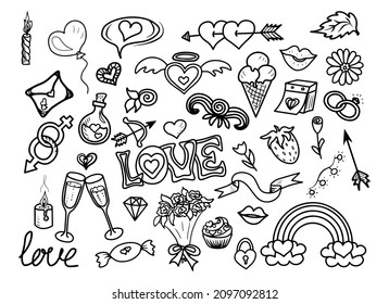 Doodles for Valentine's Day. Set of hand drawn Valentine's day flat vector icons isolated on a white background