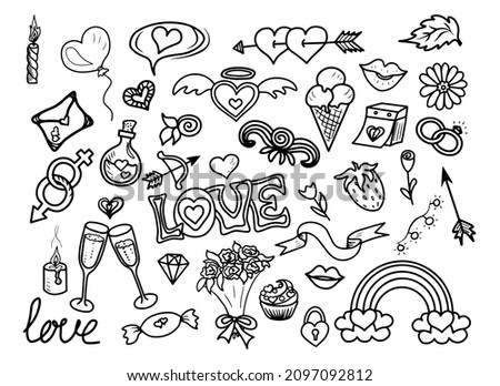 Doodles for Valentine's Day. Set of hand drawn Valentine's day flat vector icons isolated on a white background