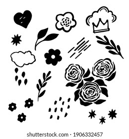 Doodles of various forms of pencil drawing - flowers, dots, twigs, crown, cloud. freehand ink sketch. Vector illustration isolated on white background.