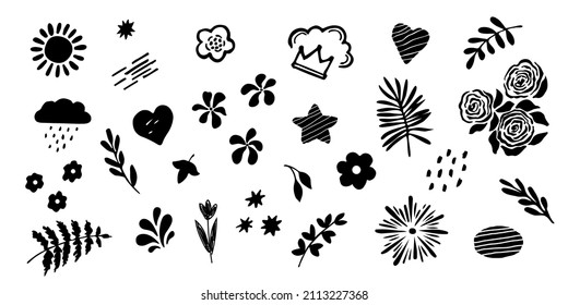 Doodles de diferentes formas de dibujo a lápiz - flores, puntos, ramas, corona, nubes. bosquejo de tinta a mano alzada. Ilustración vectorial aislada en fondo blanco.
