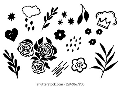 Doodles de diferentes formas de dibujo a lápiz - flores, puntos, ramas, corona, nubes. bosquejo de tinta a mano alzada. Ilustración vectorial aislada en fondo blanco.