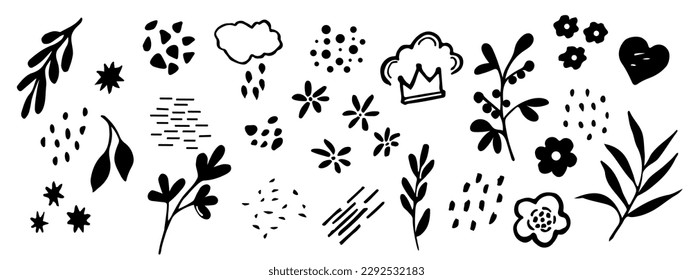 Doodles of various forms of pencil drawing - flowers, dots, twigs, crown, cloud. freehand ink sketch. Vector illustration isolated on white background.