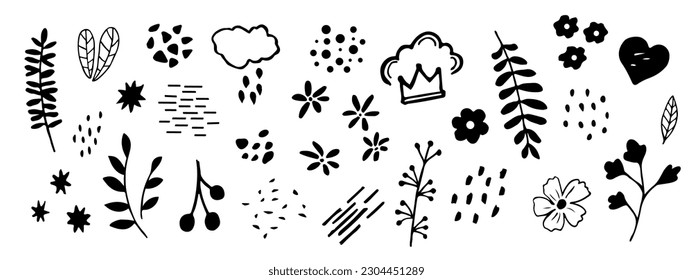 Doodles of various forms of pencil drawing - flowers, dots, twigs, crown, cloud. freehand ink sketch. Vector illustration isolated on white background.