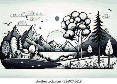 Doodles vector background illustration of natural scenes of forest and mountains in the background