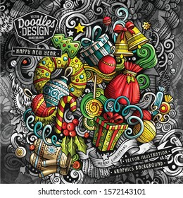 Doodles vector Happy New Year graphics illustration. Creative Merry Christmas art background. Colorful wallpaper.