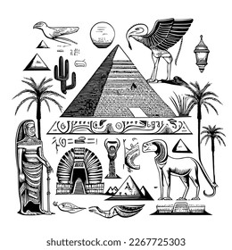 Ilustración vectorial Doodles del faraón egipto con pirámides en el fondo