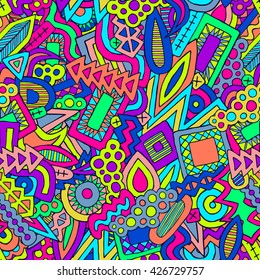 Doodles vector pattern. Abstract ethnic elements background. Trendy summer concept. Simple funny ornament. Unusual colorful pencil effect sketches. Zentangle pattern. Graffiti style illustration.