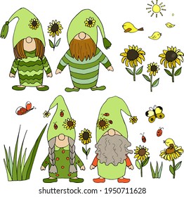 doodles vector set. Forest gnomes clipart, flowers sunflowers, butterflies, birds. Cool clipart for creativity. 