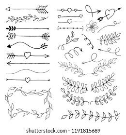 Doodles vector strokes, arrows, dividers, lines, borders, laurels, banners set. Line art, hand drawing sketchy illustrations for greeting cards, invitations.