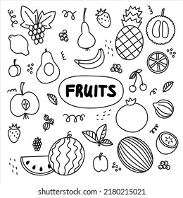 Doodles. Vegetarian food. Set of fruits: pineapple, grapes, pear, apple, pomegranate, lemon, watermelon, mint, cherry, strawberry, kiwi, plum, banana, orange, raspberry, avocado, apricot, fig, etc.