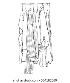 Doodles wardrobe sketch. Clothes on the hangers.