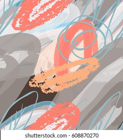 Doodles with watercolor texture abstract trees rough drawn circles.Abstract seamless pattern. Universal bright background for greeting cards, invitations. Had drawn ink and marker watercolor texture.