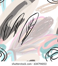 Doodles with watercolor texture abstract trees rough drawn circles. Abstract seamless pattern. Universal bright background for greeting cards, invitations. Had drawn ink and marker watercolor texture.
