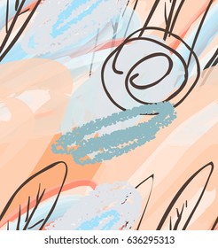 Doodles with watercolor texture abstract trees rough drawn circles.Abstract seamless pattern. Universal bright background for greeting cards, invitations. Had drawn ink and marker watercolor texture.