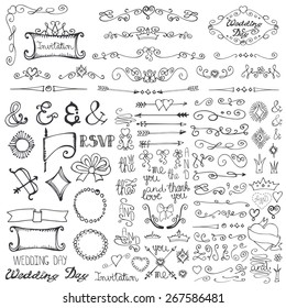 Conjunto de elementos decorativos de bodas Doodles.Borde giratorio, flecha, corazones, corona, ampersands de letras.Para plantilla de diseño,invitación. Dibujo manual. Para el día de San Valentín, feriado. Vector de amor de época