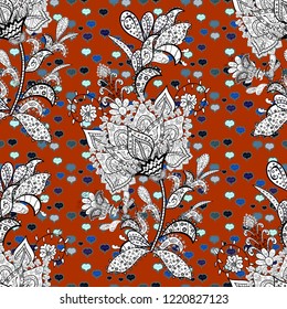 Doodles white, black and orange on colors. Seamless Elegant vector texture with floral elements.