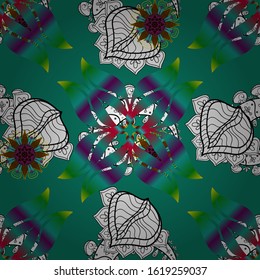 Doodles white, blue and green on colors. Tender fabric pattern. Design. Seamless pattern Print. Vector. Flat elements.