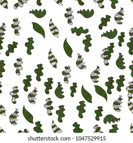 Doodles white, green and black on colors. Vector. Seamless Beautiful fabric pattern.