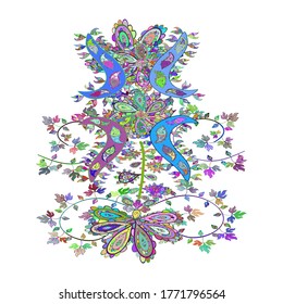 Doodles white, green and blue on colors. Seamless Beautiful fabric pattern. Vector.